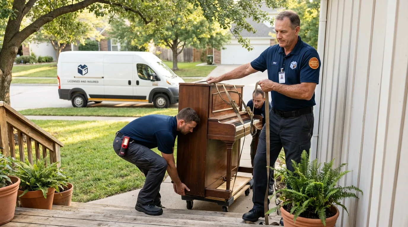 Licensed piano movers securing grand piano in Delmar, NY