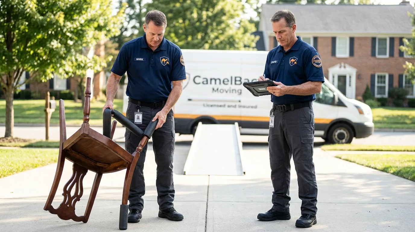 Movers inspecting furniture for damage prevention before loading in Delmar, NY